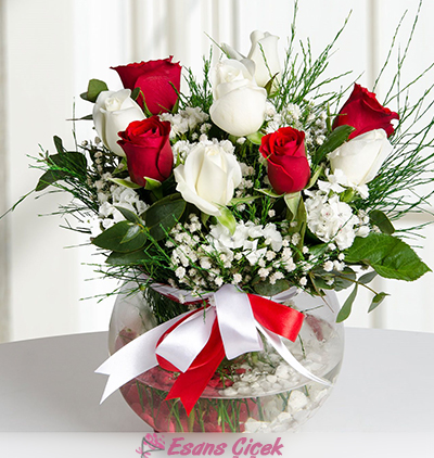 Serik Çiçekçi Aşk Küresi Kırmızı ve Beyaz Güller