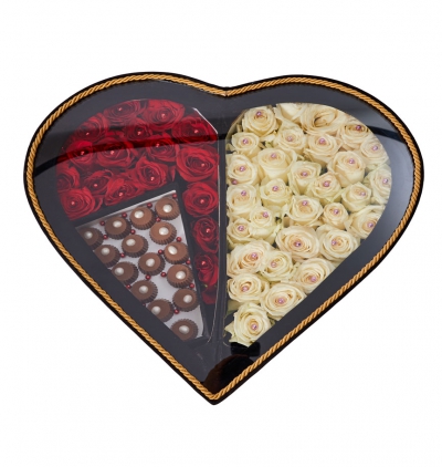  Serik Çiçek Siparişi kalp kutuda kırmızı ve beyaz incili güller