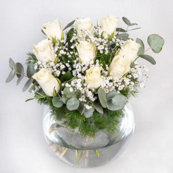 Belek çiçek Cam fanüs içinde beyaz güller